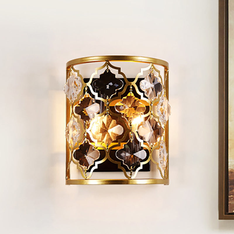 Half-Cylinder Wall Lighting Vintage Stylish Metallic 2 Lights Brass Wall Mounted Lamp with Clear Crystal Accent Clearhalo 'Cast Iron' 'Glass' 'Industrial' 'Modern wall lights' 'Modern' 'Tiffany' 'Traditional wall lights' 'Wall Lamps & Sconces' 'Wall Lights' Lighting' 250801