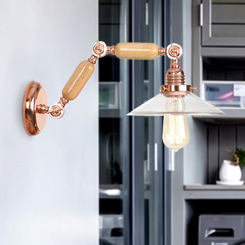 Clear Glass Wood Sconce Light Cone 1-Light Industrial Wall Lamp Fixture with Extendable Arm Clear Clearhalo 'Cast Iron' 'Glass' 'Industrial wall lights' 'Industrial' 'Middle century wall lights' 'Modern' 'Tiffany' 'Traditional wall lights' 'Wall Lamps & Sconces' 'Wall Lights' Lighting' 250802