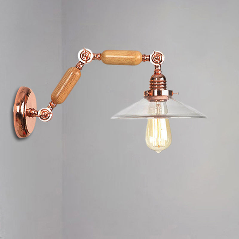 Clear Glass Wood Sconce Light Cone 1-Light Industrial Wall Lamp Fixture with Extendable Arm Clearhalo 'Cast Iron' 'Glass' 'Industrial wall lights' 'Industrial' 'Middle century wall lights' 'Modern' 'Tiffany' 'Traditional wall lights' 'Wall Lamps & Sconces' 'Wall Lights' Lighting' 250803