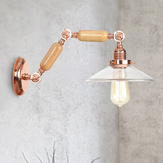 Clear Glass Wood Sconce Light Cone 1-Light Industrial Wall Lamp Fixture with Extendable Arm Clearhalo 'Cast Iron' 'Glass' 'Industrial wall lights' 'Industrial' 'Middle century wall lights' 'Modern' 'Tiffany' 'Traditional wall lights' 'Wall Lamps & Sconces' 'Wall Lights' Lighting' 250804