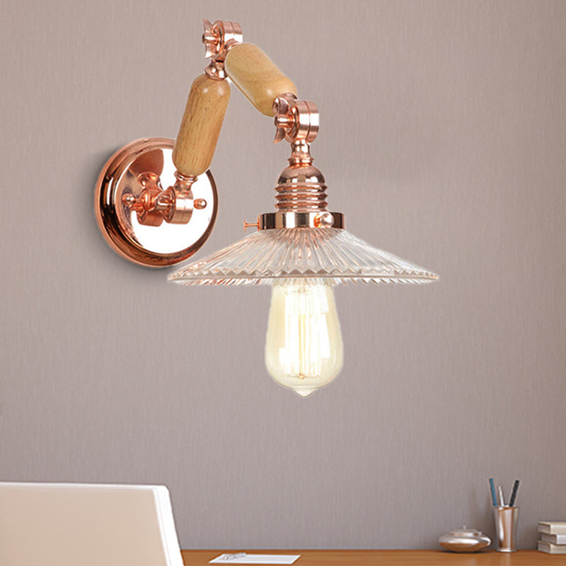 One Bulb Wall Light with Cone Shade Clear Prismatic Glass Industrial Living Room Sconce with Curved Arm Clear Clearhalo 'Cast Iron' 'Glass' 'Industrial wall lights' 'Industrial' 'Middle century wall lights' 'Modern' 'Tiffany' 'Traditional wall lights' 'Wall Lamps & Sconces' 'Wall Lights' Lighting' 250805