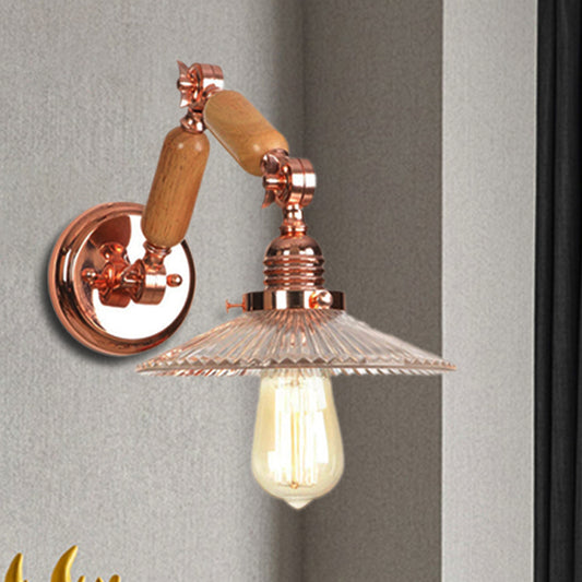 One Bulb Wall Light with Cone Shade Clear Prismatic Glass Industrial Living Room Sconce with Curved Arm Clearhalo 'Cast Iron' 'Glass' 'Industrial wall lights' 'Industrial' 'Middle century wall lights' 'Modern' 'Tiffany' 'Traditional wall lights' 'Wall Lamps & Sconces' 'Wall Lights' Lighting' 250806