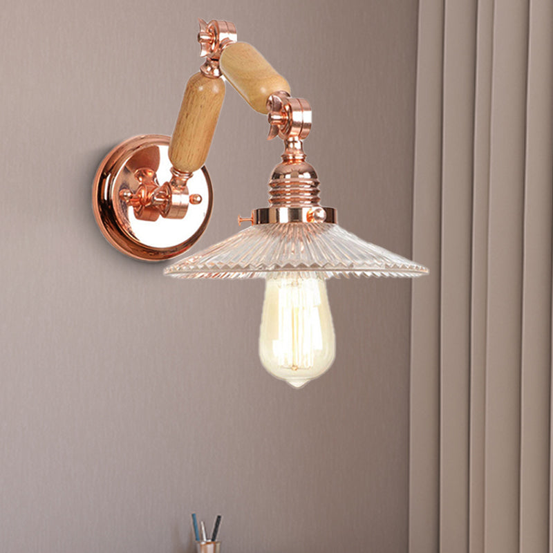 One Bulb Wall Light with Cone Shade Clear Prismatic Glass Industrial Living Room Sconce with Curved Arm Clearhalo 'Cast Iron' 'Glass' 'Industrial wall lights' 'Industrial' 'Middle century wall lights' 'Modern' 'Tiffany' 'Traditional wall lights' 'Wall Lamps & Sconces' 'Wall Lights' Lighting' 250807