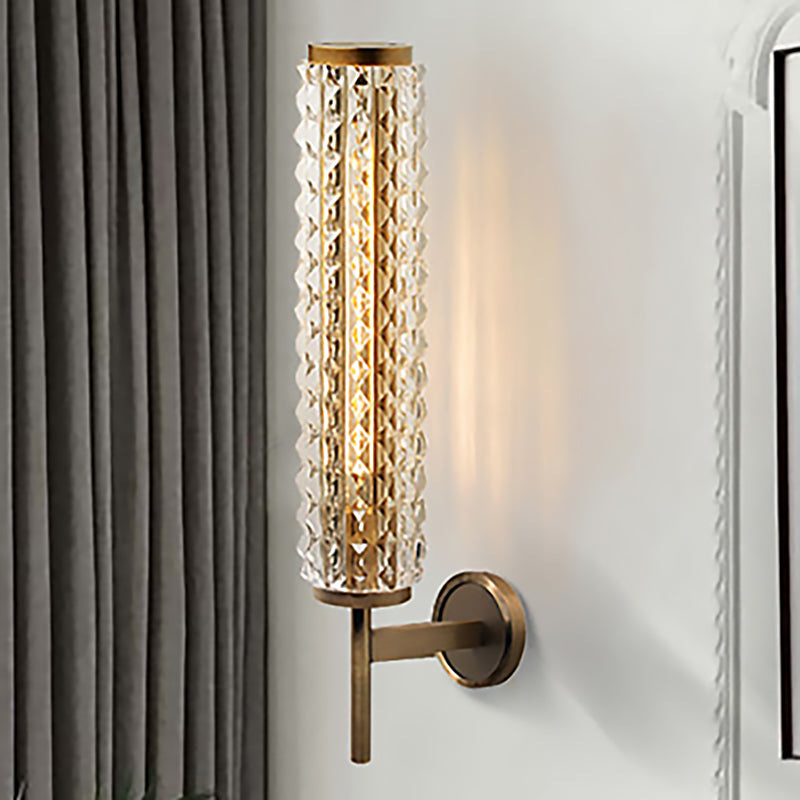 Cylinder Wall Lighting Vintage Stylish Clear Glass LED Brass Finish Wall Light Sconce for Living Room Brass Clearhalo 'Cast Iron' 'Glass' 'Industrial' 'Modern wall lights' 'Modern' 'Tiffany' 'Traditional wall lights' 'Wall Lamps & Sconces' 'Wall Lights' Lighting' 250808