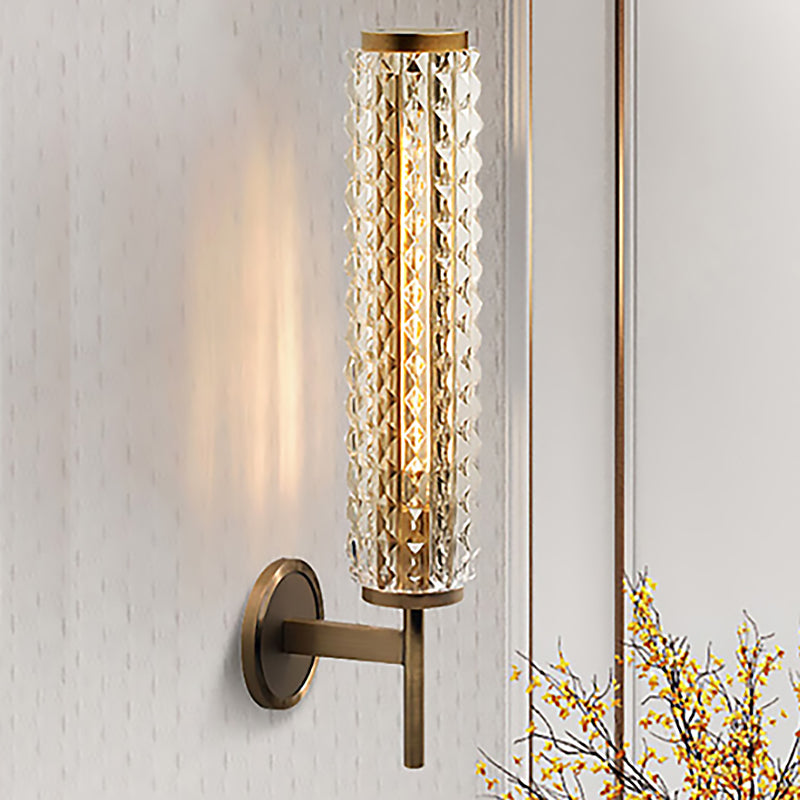 Cylinder Wall Lighting Vintage Stylish Clear Glass LED Brass Finish Wall Light Sconce for Living Room Clearhalo 'Cast Iron' 'Glass' 'Industrial' 'Modern wall lights' 'Modern' 'Tiffany' 'Traditional wall lights' 'Wall Lamps & Sconces' 'Wall Lights' Lighting' 250809