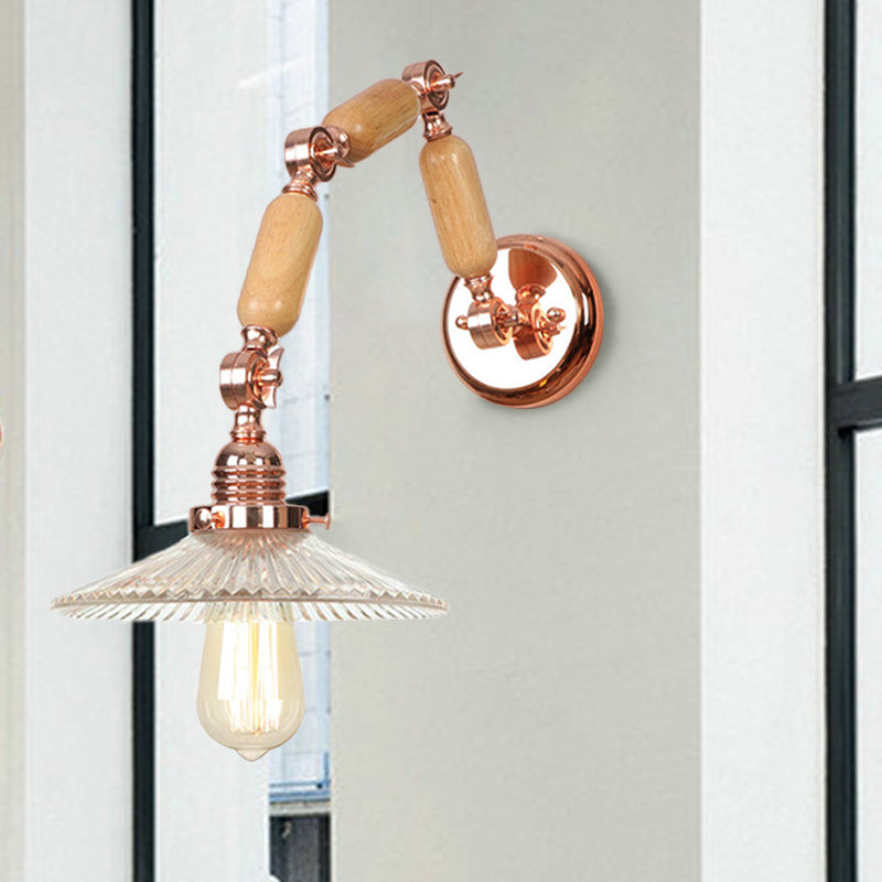 1 Light Scalloped Sconce Light Fixture Industrial Clear Ribbed Glass Wall Lamp for Living Room with Arm Clear Clearhalo 'Cast Iron' 'Glass' 'Industrial wall lights' 'Industrial' 'Middle century wall lights' 'Modern' 'Tiffany' 'Traditional wall lights' 'Wall Lamps & Sconces' 'Wall Lights' Lighting' 250810