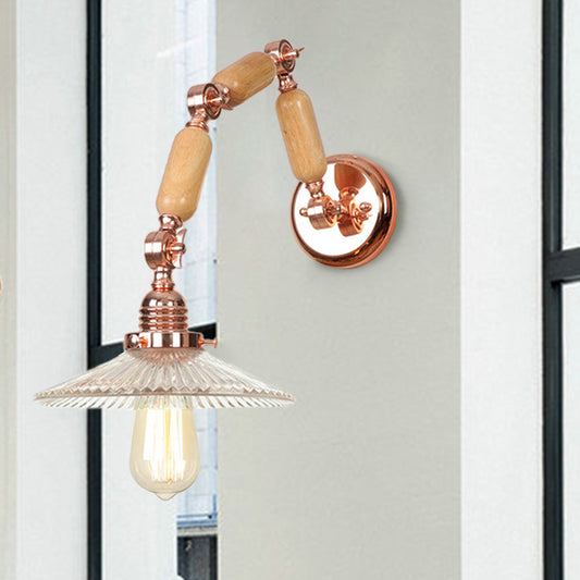 1 Light Scalloped Sconce Light Fixture Industrial Clear Ribbed Glass Wall Lamp for Living Room with Arm Clear Clearhalo 'Cast Iron' 'Glass' 'Industrial wall lights' 'Industrial' 'Middle century wall lights' 'Modern' 'Tiffany' 'Traditional wall lights' 'Wall Lamps & Sconces' 'Wall Lights' Lighting' 250810