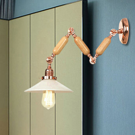 Wood Cone Wall Lighting Industrial Opal Glass 1 Light Dining Room Sconce Light Fixture with Curved Arm Clearhalo 'Cast Iron' 'Glass' 'Industrial wall lights' 'Industrial' 'Middle century wall lights' 'Modern' 'Tiffany' 'Traditional wall lights' 'Wall Lamps & Sconces' 'Wall Lights' Lighting' 250826
