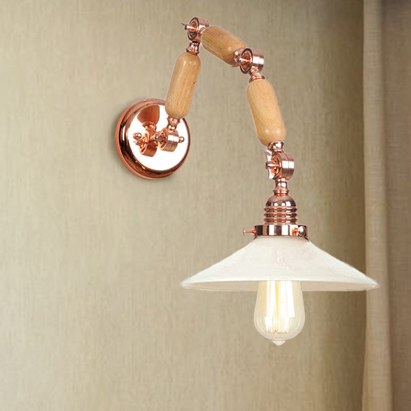 Wood Cone Wall Lighting Industrial Opal Glass 1 Light Dining Room Sconce Light Fixture with Curved Arm Clearhalo 'Cast Iron' 'Glass' 'Industrial wall lights' 'Industrial' 'Middle century wall lights' 'Modern' 'Tiffany' 'Traditional wall lights' 'Wall Lamps & Sconces' 'Wall Lights' Lighting' 250827