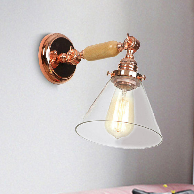 Industrial Cone Wall Lighting Fixture 1 Bulb Clear Glass Sconce Light in Rose Gold Clear Clearhalo 'Cast Iron' 'Glass' 'Industrial wall lights' 'Industrial' 'Middle century wall lights' 'Modern' 'Tiffany' 'Traditional wall lights' 'Wall Lamps & Sconces' 'Wall Lights' Lighting' 250832
