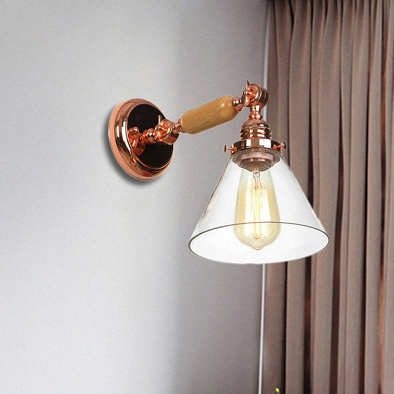 Industrial Cone Wall Lighting Fixture 1 Bulb Clear Glass Sconce Light in Rose Gold Clearhalo 'Cast Iron' 'Glass' 'Industrial wall lights' 'Industrial' 'Middle century wall lights' 'Modern' 'Tiffany' 'Traditional wall lights' 'Wall Lamps & Sconces' 'Wall Lights' Lighting' 250833