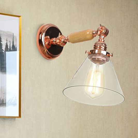 Industrial Cone Wall Lighting Fixture 1 Bulb Clear Glass Sconce Light in Rose Gold Clearhalo 'Cast Iron' 'Glass' 'Industrial wall lights' 'Industrial' 'Middle century wall lights' 'Modern' 'Tiffany' 'Traditional wall lights' 'Wall Lamps & Sconces' 'Wall Lights' Lighting' 250834