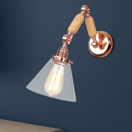 Cone Shade Bedroom Sconce Light Fixture Vintage Clear Glass 1 Light Wood Wall Lamp with Long Arm Clear Clearhalo 'Cast Iron' 'Glass' 'Industrial wall lights' 'Industrial' 'Middle century wall lights' 'Modern' 'Tiffany' 'Traditional wall lights' 'Wall Lamps & Sconces' 'Wall Lights' Lighting' 250835