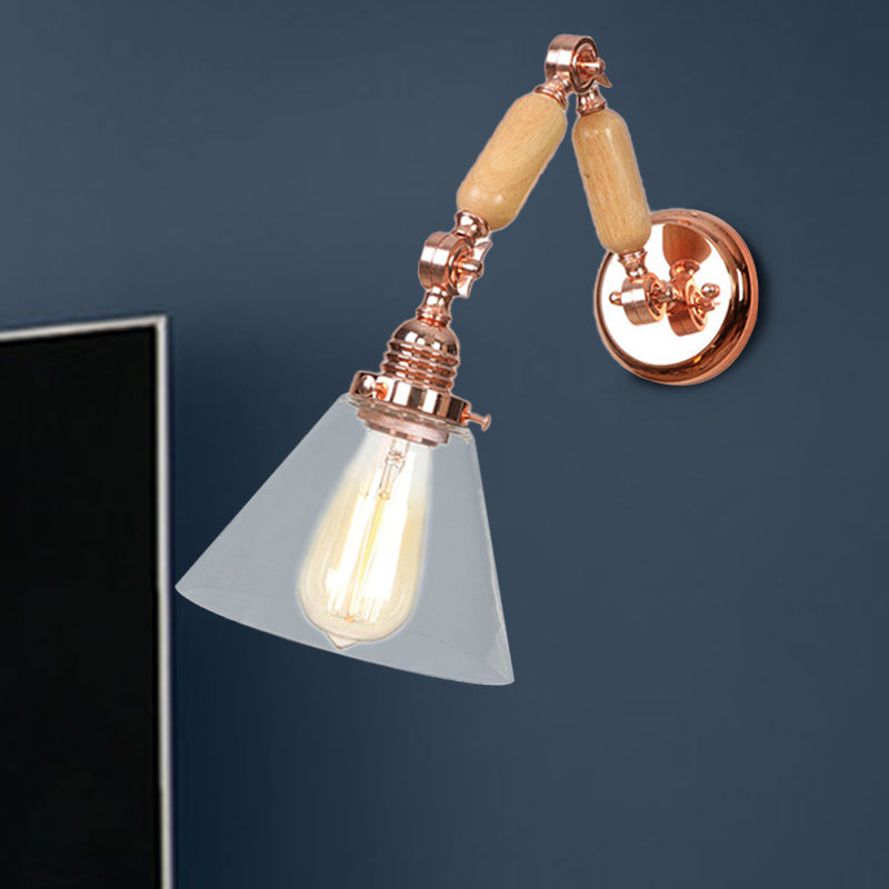 Cone Shade Bedroom Sconce Light Fixture Vintage Clear Glass 1 Light Wood Wall Lamp with Long Arm Clearhalo 'Cast Iron' 'Glass' 'Industrial wall lights' 'Industrial' 'Middle century wall lights' 'Modern' 'Tiffany' 'Traditional wall lights' 'Wall Lamps & Sconces' 'Wall Lights' Lighting' 250836