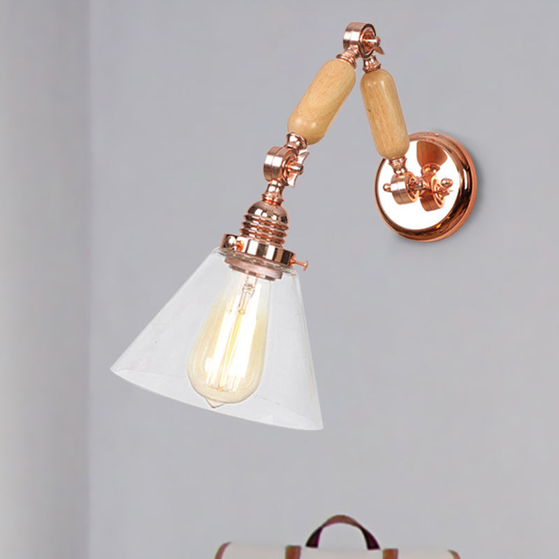 Cone Shade Bedroom Sconce Light Fixture Vintage Clear Glass 1 Light Wood Wall Lamp with Long Arm Clearhalo 'Cast Iron' 'Glass' 'Industrial wall lights' 'Industrial' 'Middle century wall lights' 'Modern' 'Tiffany' 'Traditional wall lights' 'Wall Lamps & Sconces' 'Wall Lights' Lighting' 250837