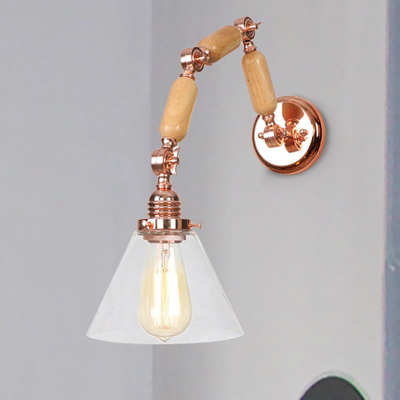 One Bulb Clear Glass Sconce Light Fixture Industrial Gold Cone Living Room Wall Lamp with Curved Arm Clear Clearhalo 'Cast Iron' 'Glass' 'Industrial wall lights' 'Industrial' 'Middle century wall lights' 'Modern' 'Tiffany' 'Traditional wall lights' 'Wall Lamps & Sconces' 'Wall Lights' Lighting' 250851