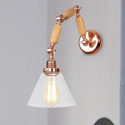 One Bulb Clear Glass Sconce Light Fixture Industrial Gold Cone Living Room Wall Lamp with Curved Arm Clear Clearhalo 'Cast Iron' 'Glass' 'Industrial wall lights' 'Industrial' 'Middle century wall lights' 'Modern' 'Tiffany' 'Traditional wall lights' 'Wall Lamps & Sconces' 'Wall Lights' Lighting' 250851