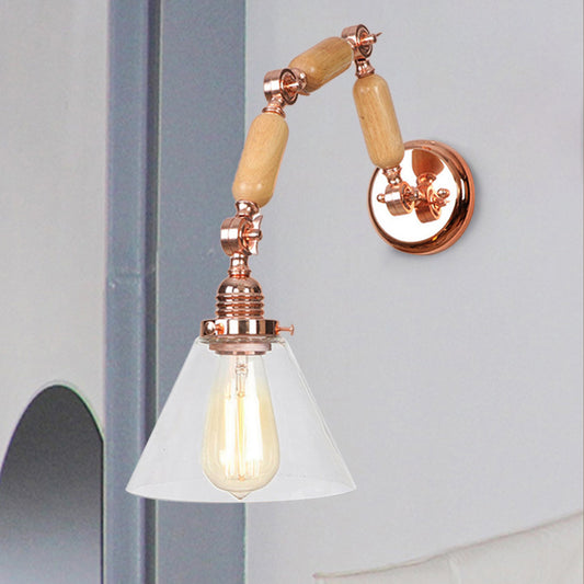 One Bulb Clear Glass Sconce Light Fixture Industrial Gold Cone Living Room Wall Lamp with Curved Arm Clearhalo 'Cast Iron' 'Glass' 'Industrial wall lights' 'Industrial' 'Middle century wall lights' 'Modern' 'Tiffany' 'Traditional wall lights' 'Wall Lamps & Sconces' 'Wall Lights' Lighting' 250852