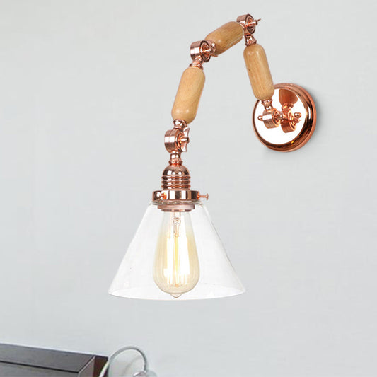 One Bulb Clear Glass Sconce Light Fixture Industrial Gold Cone Living Room Wall Lamp with Curved Arm Clearhalo 'Cast Iron' 'Glass' 'Industrial wall lights' 'Industrial' 'Middle century wall lights' 'Modern' 'Tiffany' 'Traditional wall lights' 'Wall Lamps & Sconces' 'Wall Lights' Lighting' 250853