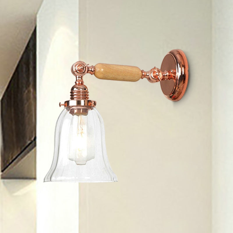 Clear Prismatic Glass Wood Sconce Light Bell 1-Light Vintage Style Wall Lamp Fixture with Extendable Arm Clear Clearhalo 'Cast Iron' 'Glass' 'Industrial wall lights' 'Industrial' 'Middle century wall lights' 'Modern' 'Tiffany' 'Traditional wall lights' 'Wall Lamps & Sconces' 'Wall Lights' Lighting' 250854