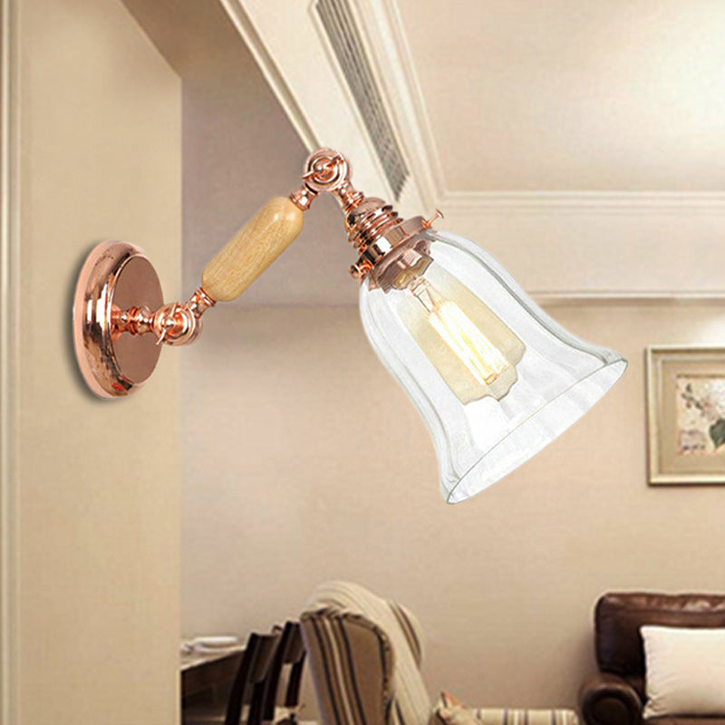 Clear Prismatic Glass Wood Sconce Light Bell 1-Light Vintage Style Wall Lamp Fixture with Extendable Arm Clearhalo 'Cast Iron' 'Glass' 'Industrial wall lights' 'Industrial' 'Middle century wall lights' 'Modern' 'Tiffany' 'Traditional wall lights' 'Wall Lamps & Sconces' 'Wall Lights' Lighting' 250855