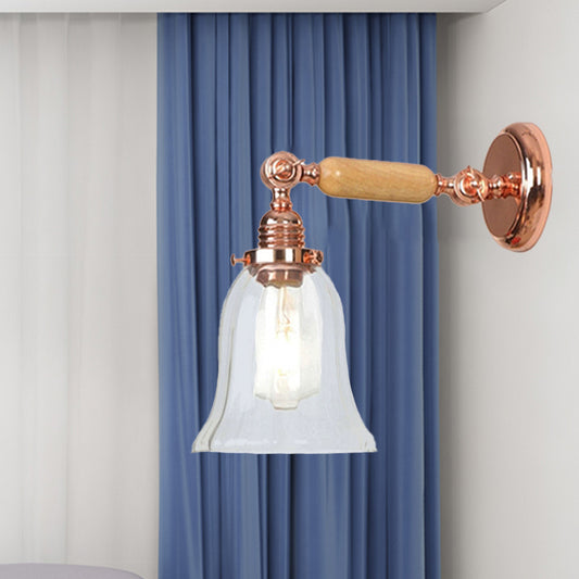 Clear Prismatic Glass Wood Sconce Light Bell 1-Light Vintage Style Wall Lamp Fixture with Extendable Arm Clearhalo 'Cast Iron' 'Glass' 'Industrial wall lights' 'Industrial' 'Middle century wall lights' 'Modern' 'Tiffany' 'Traditional wall lights' 'Wall Lamps & Sconces' 'Wall Lights' Lighting' 250856