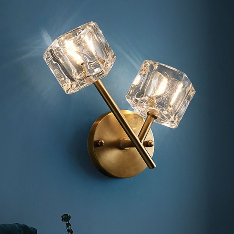 1/2-Light Bedroom Wall Lighting Contemporary Style Brass Finish with Square Clear Crystal Shade 2.0 Brass Clearhalo 'Modern wall lights' 'Modern' 'Wall Lamps & Sconces' 'Wall Lights' Lighting' 250859