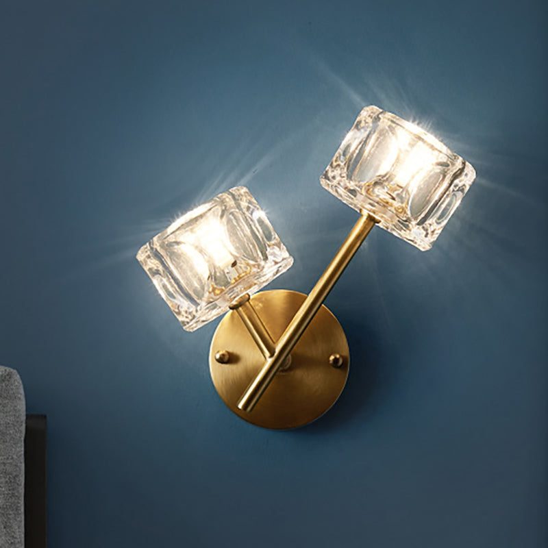 1/2-Light Bedroom Wall Lighting Contemporary Style Brass Finish with Square Clear Crystal Shade Clearhalo 'Modern wall lights' 'Modern' 'Wall Lamps & Sconces' 'Wall Lights' Lighting' 250860