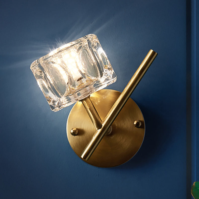 1/2-Light Bedroom Wall Lighting Contemporary Style Brass Finish with Square Clear Crystal Shade 1.0 Brass Clearhalo 'Modern wall lights' 'Modern' 'Wall Lamps & Sconces' 'Wall Lights' Lighting' 250861