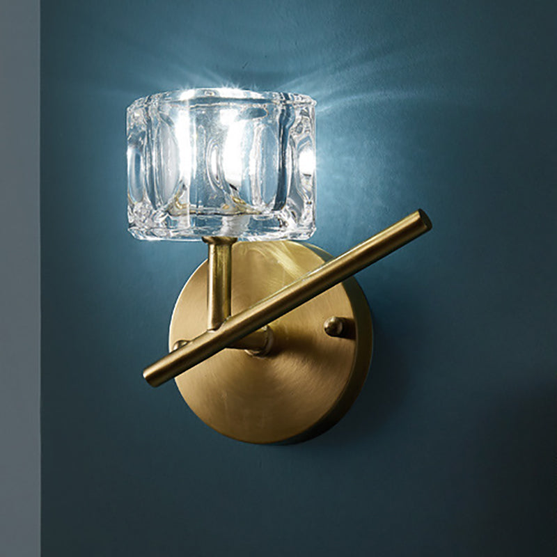 1/2-Light Bedroom Wall Lighting Contemporary Style Brass Finish with Square Clear Crystal Shade Clearhalo 'Modern wall lights' 'Modern' 'Wall Lamps & Sconces' 'Wall Lights' Lighting' 250862