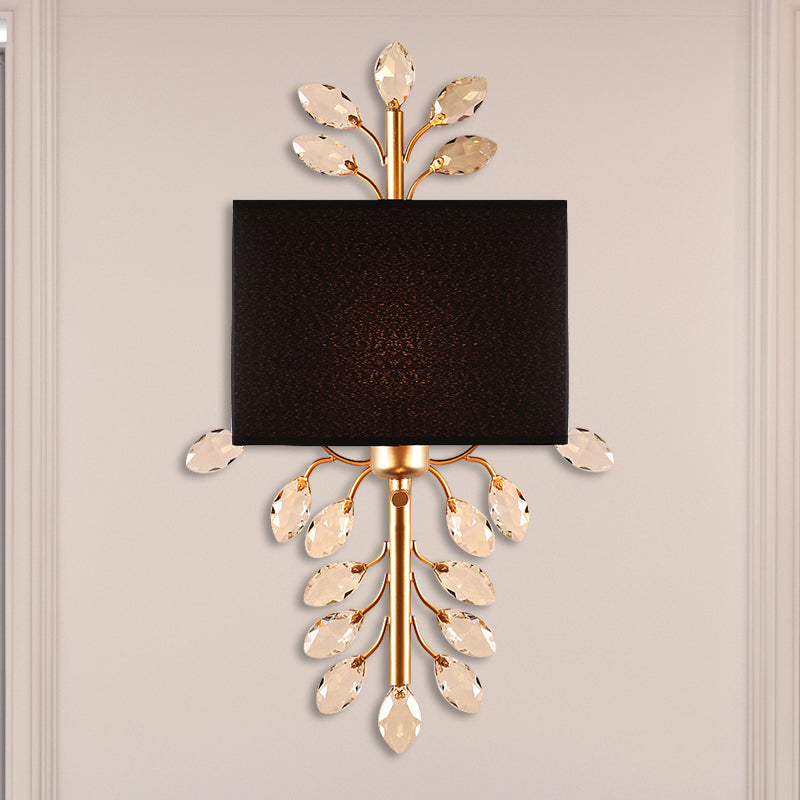 Black Rectangle Sconce Light Fixture Vintage Style 1 Bulb Fabric Wall Light with Clear Crystal Branching Design Black Clearhalo 'Modern wall lights' 'Modern' 'Wall Lamps & Sconces' 'Wall Lights' Lighting' 250867