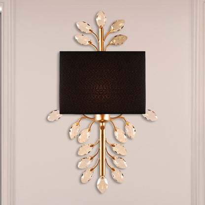 Black Rectangle Sconce Light Fixture Vintage Style 1 Bulb Fabric Wall Light with Clear Crystal Branching Design Black Clearhalo 'Modern wall lights' 'Modern' 'Wall Lamps & Sconces' 'Wall Lights' Lighting' 250867