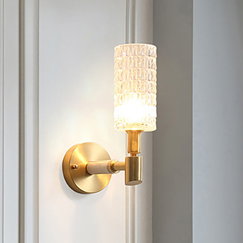1 Light Corridor Wall Light Contemporary Style Gold Finish Sconce Lamp with Cylinder Clear Faceted Glass Shade Clearhalo 'Modern wall lights' 'Modern' 'Wall Lamps & Sconces' 'Wall Lights' Lighting' 250875