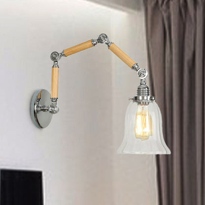 Flared Clear Glass Wall Mounted Lamp Vintage Single Bulb Bedroom Sconce Light with Wooden Extendable Arm Clear Clearhalo 'Cast Iron' 'Glass' 'Industrial wall lights' 'Industrial' 'Middle century wall lights' 'Modern' 'Tiffany' 'Traditional wall lights' 'Wall Lamps & Sconces' 'Wall Lights' Lighting' 250890