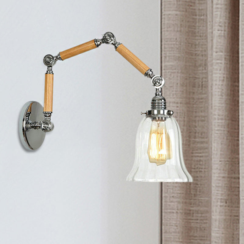 Flared Clear Glass Wall Mounted Lamp Vintage Single Bulb Bedroom Sconce Light with Wooden Extendable Arm Clearhalo 'Cast Iron' 'Glass' 'Industrial wall lights' 'Industrial' 'Middle century wall lights' 'Modern' 'Tiffany' 'Traditional wall lights' 'Wall Lamps & Sconces' 'Wall Lights' Lighting' 250891