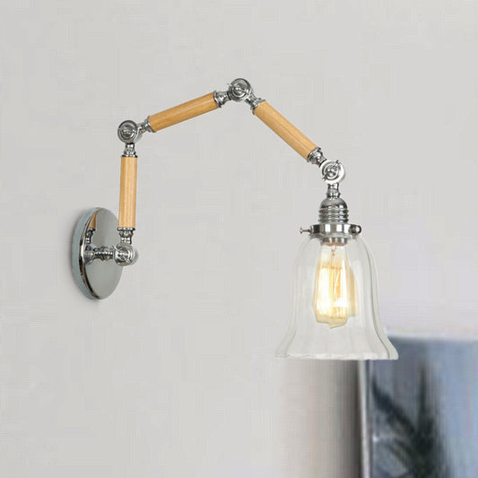 Flared Clear Glass Wall Mounted Lamp Vintage Single Bulb Bedroom Sconce Light with Wooden Extendable Arm Clearhalo 'Cast Iron' 'Glass' 'Industrial wall lights' 'Industrial' 'Middle century wall lights' 'Modern' 'Tiffany' 'Traditional wall lights' 'Wall Lamps & Sconces' 'Wall Lights' Lighting' 250892