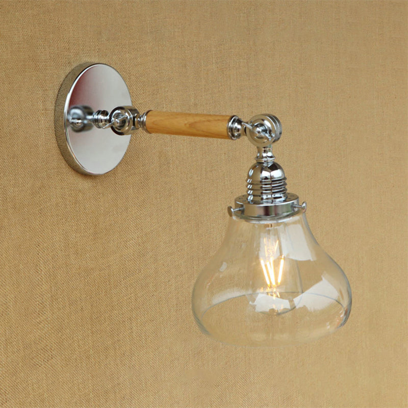 Wood One Light Sconce Light Vintage Clear Glass Pear Lighting Fixture for Living Room, 8"/4"/6" L Wooden Arm Clear Clearhalo 'Cast Iron' 'Glass' 'Industrial wall lights' 'Industrial' 'Middle century wall lights' 'Modern' 'Tiffany' 'Traditional wall lights' 'Wall Lamps & Sconces' 'Wall Lights' Lighting' 250909