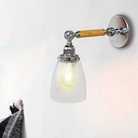 Single Bulb Wall Sconce Lighting with Dome Shade Clear Glass Industrial Living Room Light Fixture, 8"/4"/6" L Wooden Arm Clearhalo 'Cast Iron' 'Glass' 'Industrial wall lights' 'Industrial' 'Middle century wall lights' 'Modern' 'Tiffany' 'Traditional wall lights' 'Wall Lamps & Sconces' 'Wall Lights' Lighting' 250947