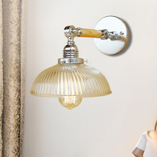 Domed Living Room Wall Light Fixture Antique Stylish Ribbed Glass 1 Light Clear Sconce Lamp for Corridor, 8"/4"/6" L Wooden Arm Clearhalo 'Cast Iron' 'Glass' 'Industrial wall lights' 'Industrial' 'Middle century wall lights' 'Modern' 'Tiffany' 'Traditional wall lights' 'Wall Lamps & Sconces' 'Wall Lights' Lighting' 250988