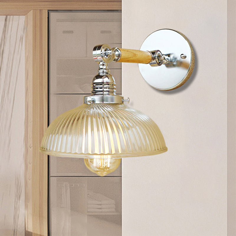 Domed Living Room Wall Light Fixture Antique Stylish Ribbed Glass 1 Light Clear Sconce Lamp for Corridor, 8"/4"/6" L Wooden Arm Clearhalo 'Cast Iron' 'Glass' 'Industrial wall lights' 'Industrial' 'Middle century wall lights' 'Modern' 'Tiffany' 'Traditional wall lights' 'Wall Lamps & Sconces' 'Wall Lights' Lighting' 250989