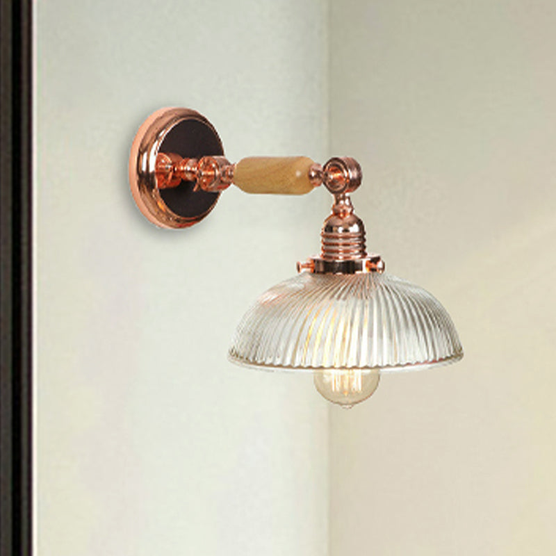 One Bulb Ribbed Glass Sconce Light Fixture Farmhouse Rose Gold Domed Bedroom Wall Lamp Clear Clearhalo 'Cast Iron' 'Glass' 'Industrial wall lights' 'Industrial' 'Middle century wall lights' 'Modern' 'Tiffany' 'Traditional wall lights' 'Wall Lamps & Sconces' 'Wall Lights' Lighting' 250990