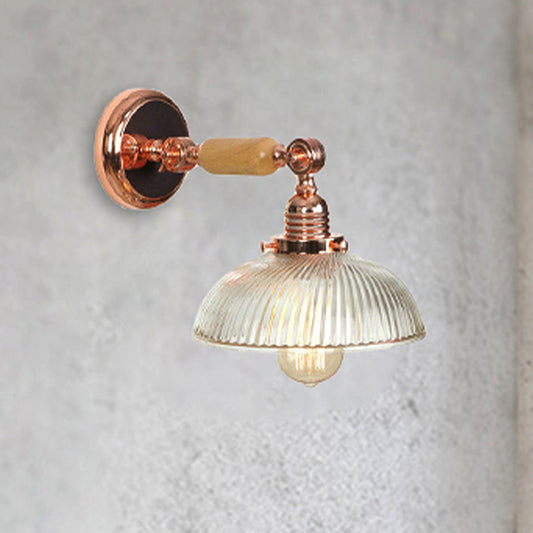One Bulb Ribbed Glass Sconce Light Fixture Farmhouse Rose Gold Domed Bedroom Wall Lamp Clearhalo 'Cast Iron' 'Glass' 'Industrial wall lights' 'Industrial' 'Middle century wall lights' 'Modern' 'Tiffany' 'Traditional wall lights' 'Wall Lamps & Sconces' 'Wall Lights' Lighting' 250991