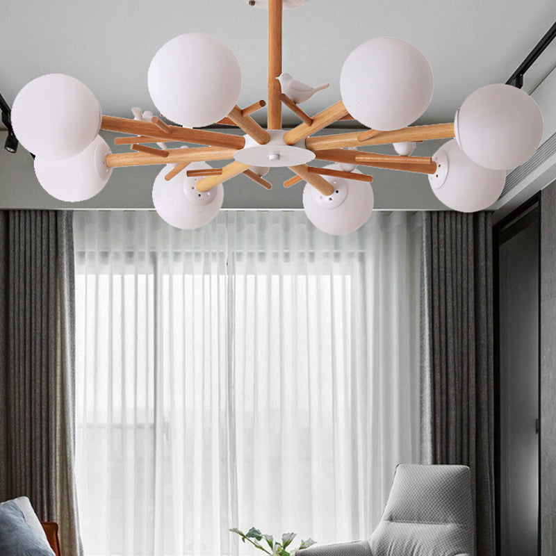White Globe Shade Chandelier Rustic Style Wood Pendant Light with Bird for Dining Room Clearhalo 'Ceiling Lights' 'Chandeliers' Lighting' options 250993