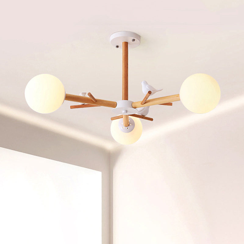 White Globe Shade Chandelier Rustic Style Wood Pendant Light with Bird for Dining Room Clearhalo 'Ceiling Lights' 'Chandeliers' Lighting' options 250995