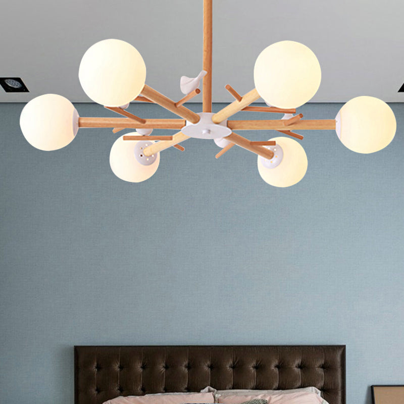 White Globe Shade Chandelier Rustic Style Wood Pendant Light with Bird for Dining Room Clearhalo 'Ceiling Lights' 'Chandeliers' Lighting' options 250997