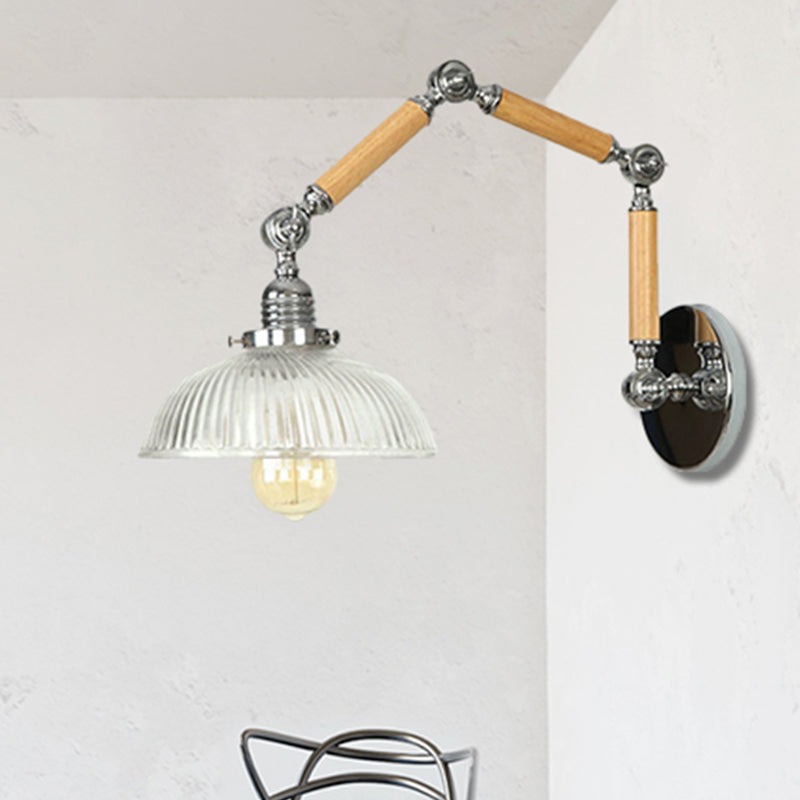 Ribbed Glass Silver Sconce Light Dome 1-Light Industrial Wall Lamp Fixture with Rotatable Arm Clear Clearhalo 'Cast Iron' 'Glass' 'Industrial wall lights' 'Industrial' 'Middle century wall lights' 'Modern' 'Tiffany' 'Traditional wall lights' 'Wall Lamps & Sconces' 'Wall Lights' Lighting' 251005