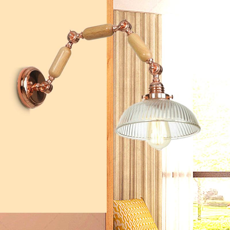 One Bulb Wall Light with Bowl Shade Ribbed Glass Vintage Style Living Room Sconce Lighting Fixture Clear Clearhalo 'Cast Iron' 'Glass' 'Industrial wall lights' 'Industrial' 'Middle century wall lights' 'Modern' 'Tiffany' 'Traditional wall lights' 'Wall Lamps & Sconces' 'Wall Lights' Lighting' 251011