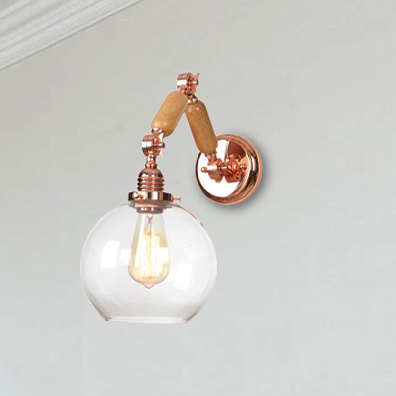 1 Bulb Globe Wall Mounted Light Fixture Rustic Rose Gold Clear Glass Lighting with Extendable Arm Clear Clearhalo 'Cast Iron' 'Glass' 'Industrial wall lights' 'Industrial' 'Middle century wall lights' 'Modern' 'Tiffany' 'Traditional wall lights' 'Wall Lamps & Sconces' 'Wall Lights' Lighting' 251031