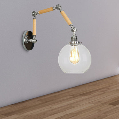 1 Light Orb Shade Sconce Light Fixture Vintage Silver Clear Glass Wall Lamp with Extendable Arm Clear Clearhalo 'Cast Iron' 'Glass' 'Industrial wall lights' 'Industrial' 'Middle century wall lights' 'Modern' 'Tiffany' 'Traditional wall lights' 'Wall Lamps & Sconces' 'Wall Lights' Lighting' 251034