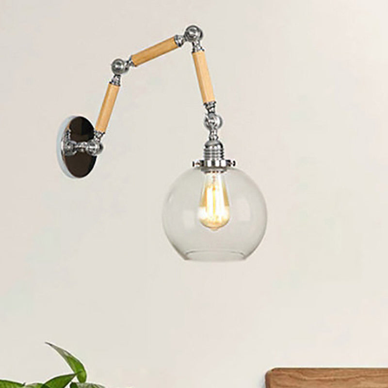 1 Light Orb Shade Sconce Light Fixture Vintage Silver Clear Glass Wall Lamp with Extendable Arm Clearhalo 'Cast Iron' 'Glass' 'Industrial wall lights' 'Industrial' 'Middle century wall lights' 'Modern' 'Tiffany' 'Traditional wall lights' 'Wall Lamps & Sconces' 'Wall Lights' Lighting' 251035
